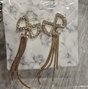 Gold Rhinestone Bow Fringe Drop Earrings